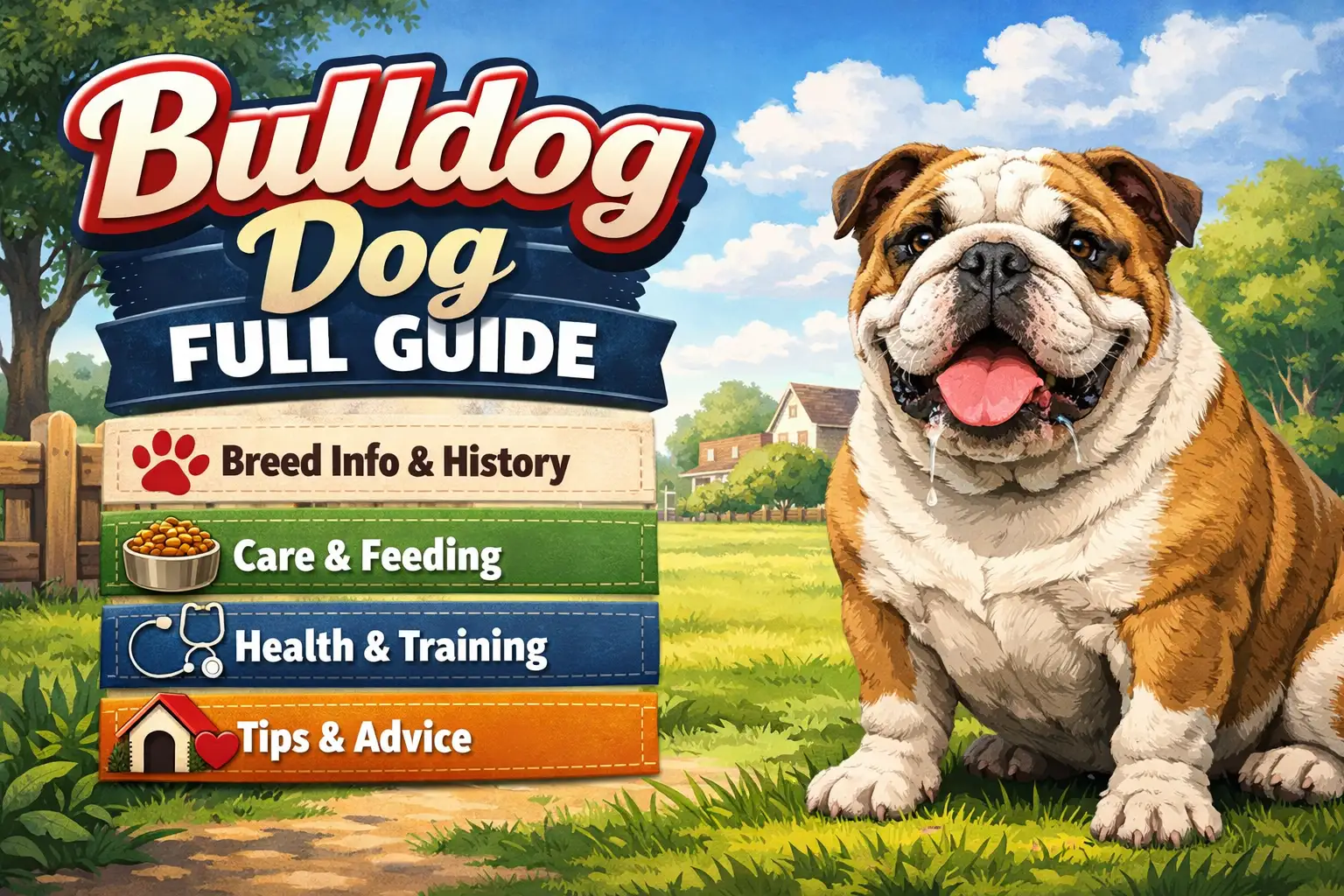 Adult Bulldog sitting indoors showing its compact muscular body, flat face, broad chest, and calm temperament