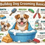 English Bulldog being gently groomed with a brush, showing short coat care, facial wrinkles, and skin fold cleaning