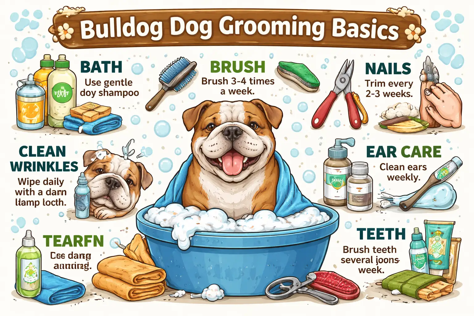 English Bulldog being gently groomed with a brush, showing short coat care, facial wrinkles, and skin fold cleaning