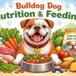Adult Bulldog eating a measured meal from a dog bowl, showing healthy Bulldog diet tips, portion control, and proper nutrition