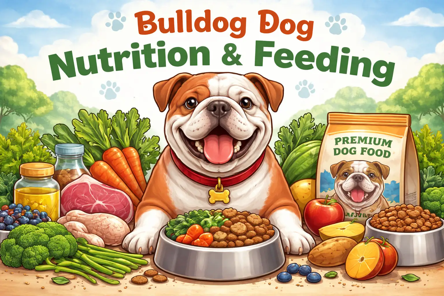 Adult Bulldog eating a measured meal from a dog bowl, showing healthy Bulldog diet tips, portion control, and proper nutrition