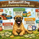 Bullmastiff cost of ownership showing a large adult Bullmastiff standing outdoors with a calm, powerful build