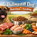 Bullmastiff dog eating from a bowl, showing proper nutrition and feeding for a large, muscular breed
