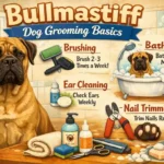 Bullmastiff grooming showing a large short-haired Bullmastiff being brushed at home