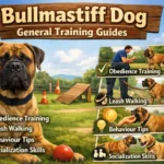 Adult bullmastiff dog calmly sitting during basic obedience training with owner