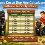 Cane Corso puppy next to an adult dog to illustrate size, muscle development, and growth stages used in a Cane Corso age-to-human-years chart.