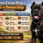 Cane Corso dog standing with its owner, representing financial responsibilities such as training, feeding, veterinary care, and ownership of a large guardian breed.