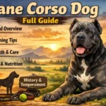 Muscular Cane Corso dog standing confidently outdoors, showing the breed’s athletic build, broad head, short coat, and protective posture in black and gray coloring.