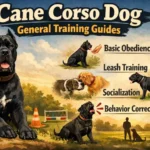 Cane Corso dog focused during obedience training, highlighting the breed’s intelligence, strength, and controlled temperament in a structured environment.