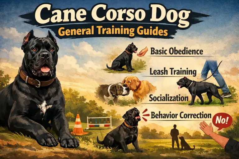 Cane Corso dog focused during obedience training, highlighting the breed’s intelligence, strength, and controlled temperament in a structured environment.