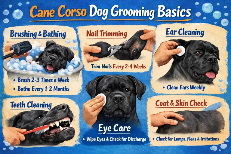 Short-coated Cane Corso dog being brushed, showing the breed’s dense coat, muscular frame, and simple grooming requirements.