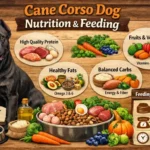 Adult Cane Corso dog eating from a bowl, illustrating proper nutrition, portion size, and muscle-supporting diet for a powerful working breed.