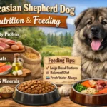 Large Caucasian Shepherd Dog resting near feeding area, displaying muscular build and heavy coat