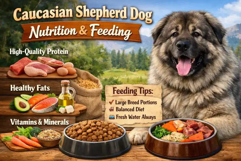 Large Caucasian Shepherd Dog resting near feeding area, displaying muscular build and heavy coat