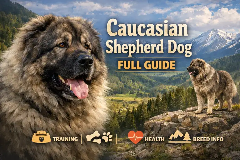 Massive Caucasian Shepherd Dog with a thick coat standing alert in a mountainous landscape