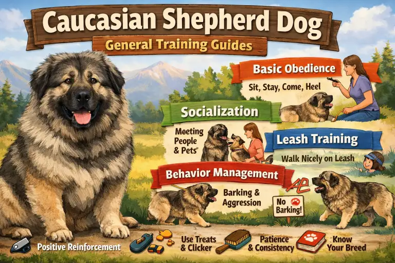 Caucasian Shepherd Dog responding to its handler during structured training outdoors
