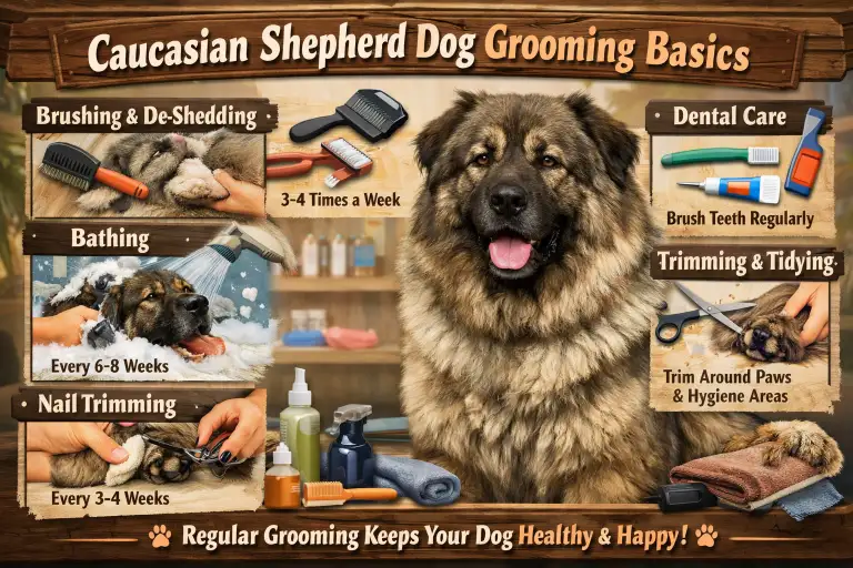 Caucasian Shepherd Dog being brushed to manage its thick, weather-resistant coat
