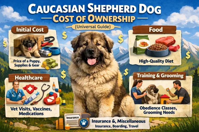 Adult Caucasian Shepherd Dog standing guard in an open rural property