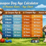Cavapoo age calculator chart showing Cavapoo years converted to human years by puppy, adult, and senior life stages