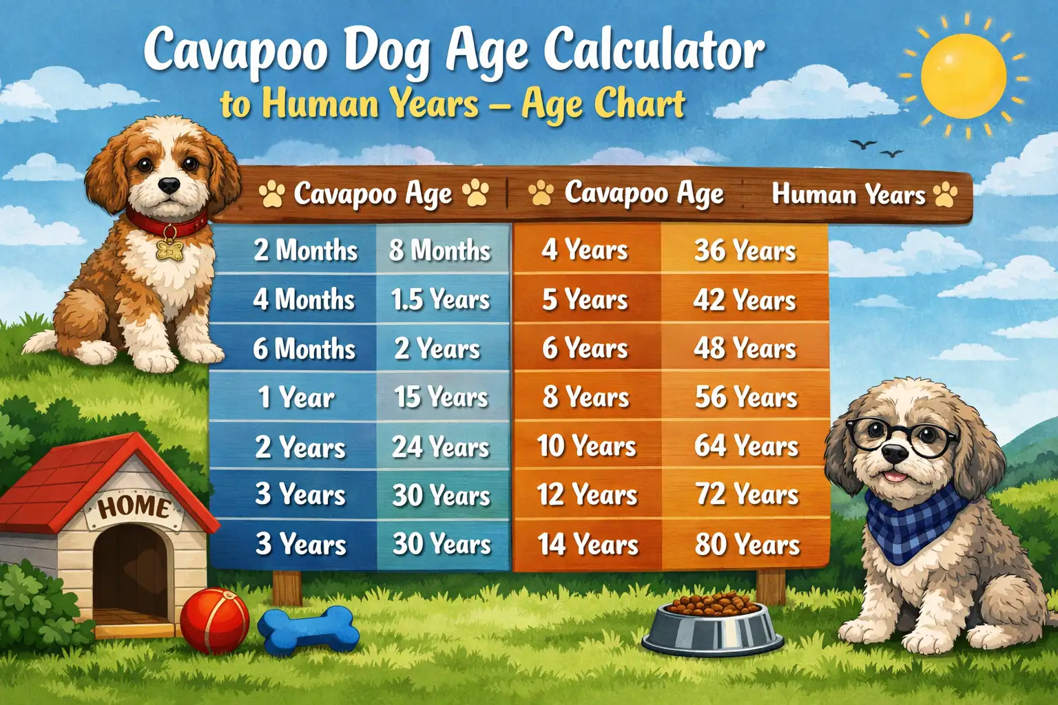 Cavapoo age calculator chart showing Cavapoo years converted to human years by puppy, adult, and senior life stages