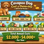 Cavapoo sitting indoors, representing the costs of ownership including grooming, food, vet care, insurance, and first-year expenses.
