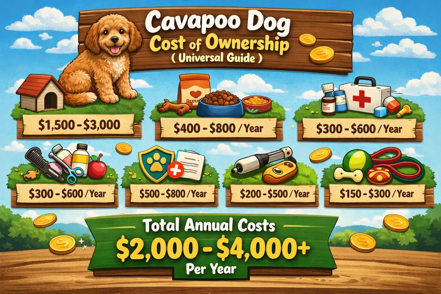 Cavapoo sitting indoors, representing the costs of ownership including grooming, food, vet care, insurance, and first-year expenses.