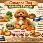 Cavapoo eating a healthy meal with a feeding chart by age for diet, nutrition, safe foods, and foods to avoid