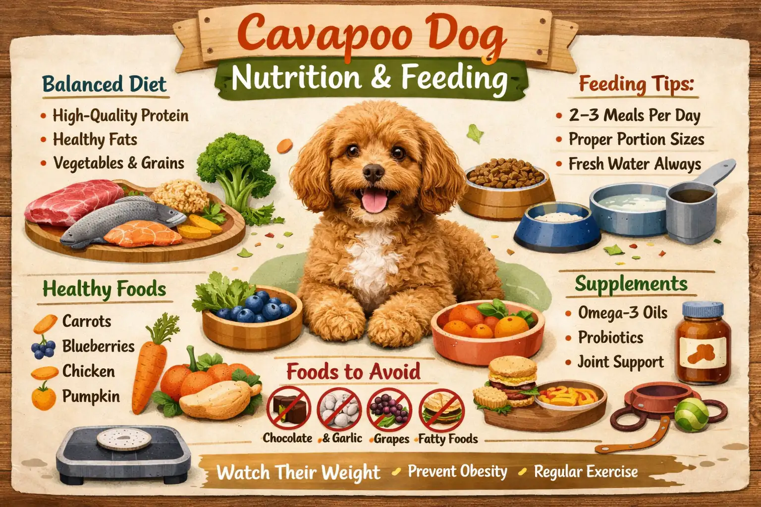 Cavapoo eating a healthy meal with a feeding chart by age for diet, nutrition, safe foods, and foods to avoid