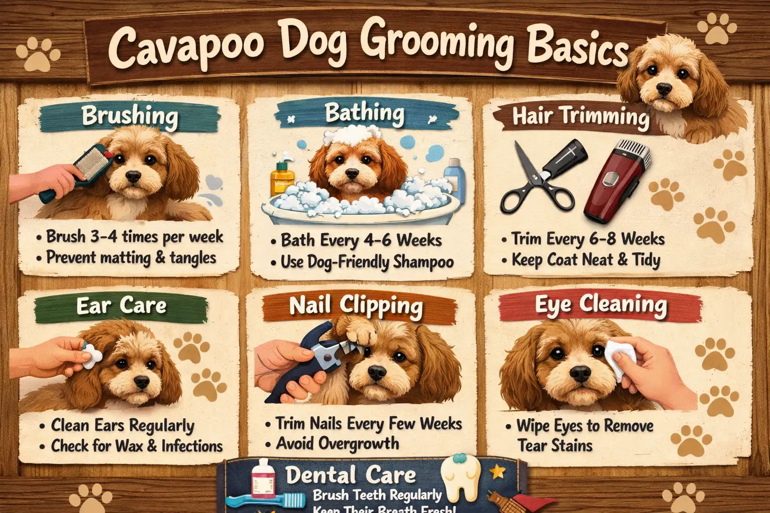 Cavapoo being brushed as part of a regular grooming routine for coat care, bathing, and haircut maintenance