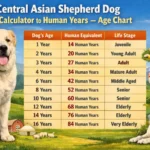Central Asian Shepherd puppy next to an adult dog, showing size and coat development from young guardian puppy to full-grown adult