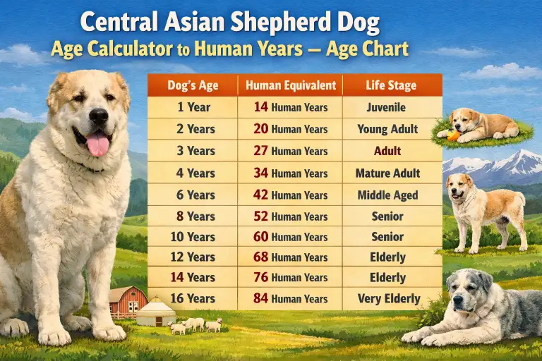 Central Asian Shepherd puppy next to an adult dog, showing size and coat development from young guardian puppy to full-grown adult