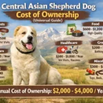 Central Asian Shepherd dog resting in a rural setting, representing space, feeding, and long-term care costs for the breed