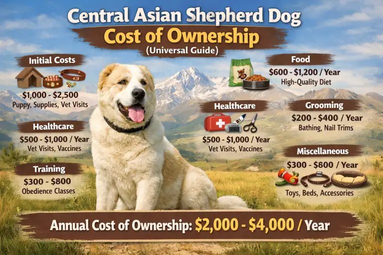 Central Asian Shepherd dog resting in a rural setting, representing space, feeding, and long-term care costs for the breed