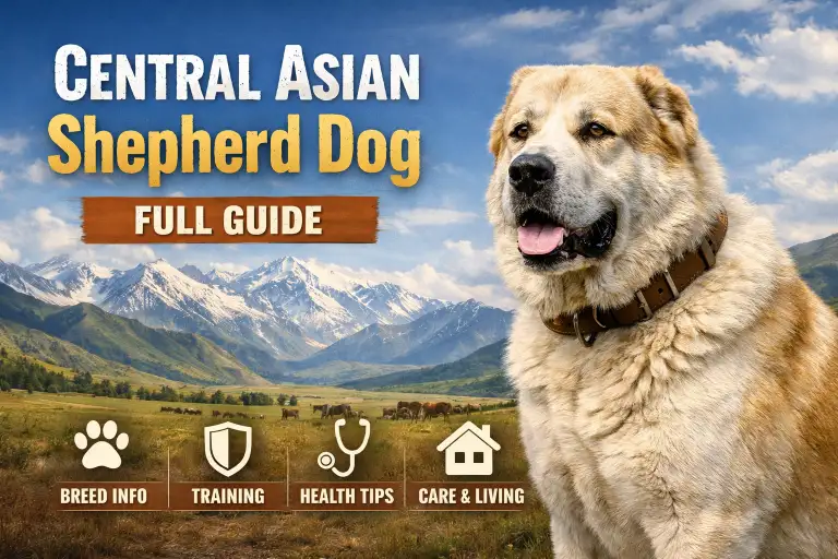 Large Central Asian Shepherd dog with a thick coat standing outdoors, showing the breed’s powerful build, guardian stance, and dense fur