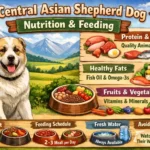 Large Central Asian Shepherd dog eating from a sturdy bowl, reflecting nutritional needs of a massive working guardian breed