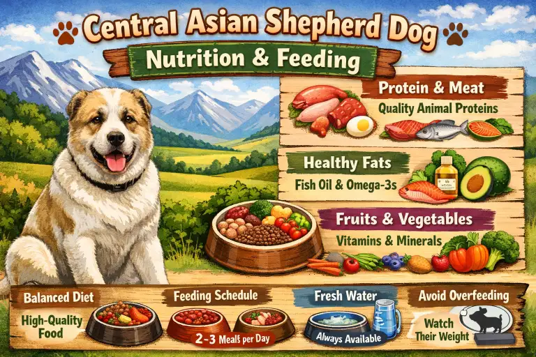 Large Central Asian Shepherd dog eating from a sturdy bowl, reflecting nutritional needs of a massive working guardian breed