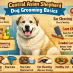 Central Asian Shepherd dog being brushed, focusing on its thick double coat and seasonal shedding needs