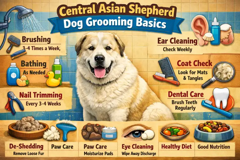 Central Asian Shepherd dog being brushed, focusing on its thick double coat and seasonal shedding needs