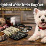 West Highland White Terrier sitting beside pet care supplies, representing puppy price, grooming costs, vet bills, and ownership expenses
