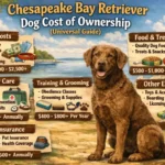Chesapeake Bay Retriever dog with outdoor and care gear, representing long-term ownership and maintenance costs