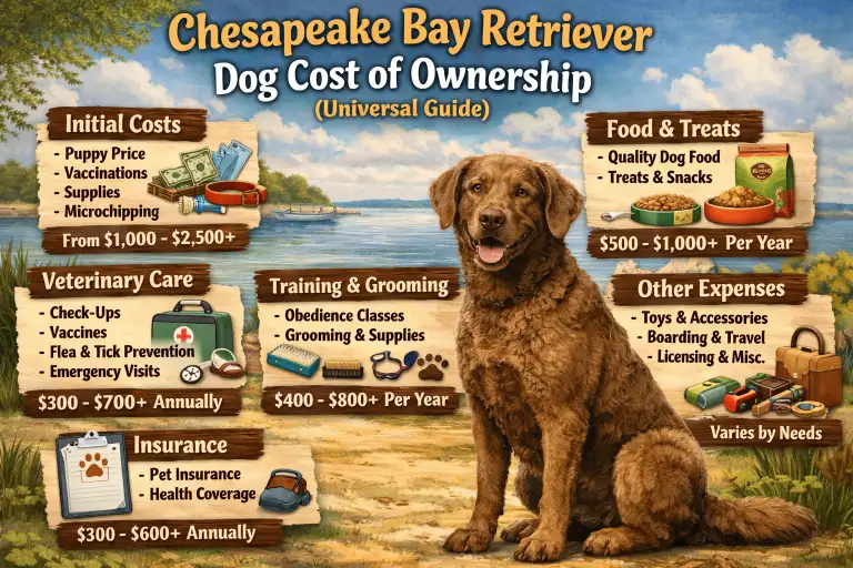 Chesapeake Bay Retriever dog with outdoor and care gear, representing long-term ownership and maintenance costs