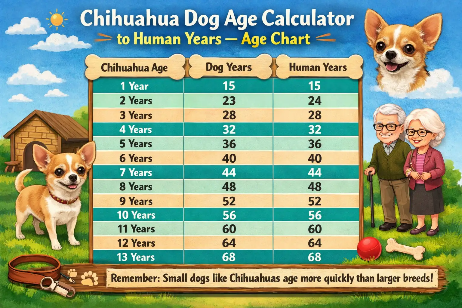 Chihuahua age chart showing Chihuahua years converted to human years from puppy to senior life stages