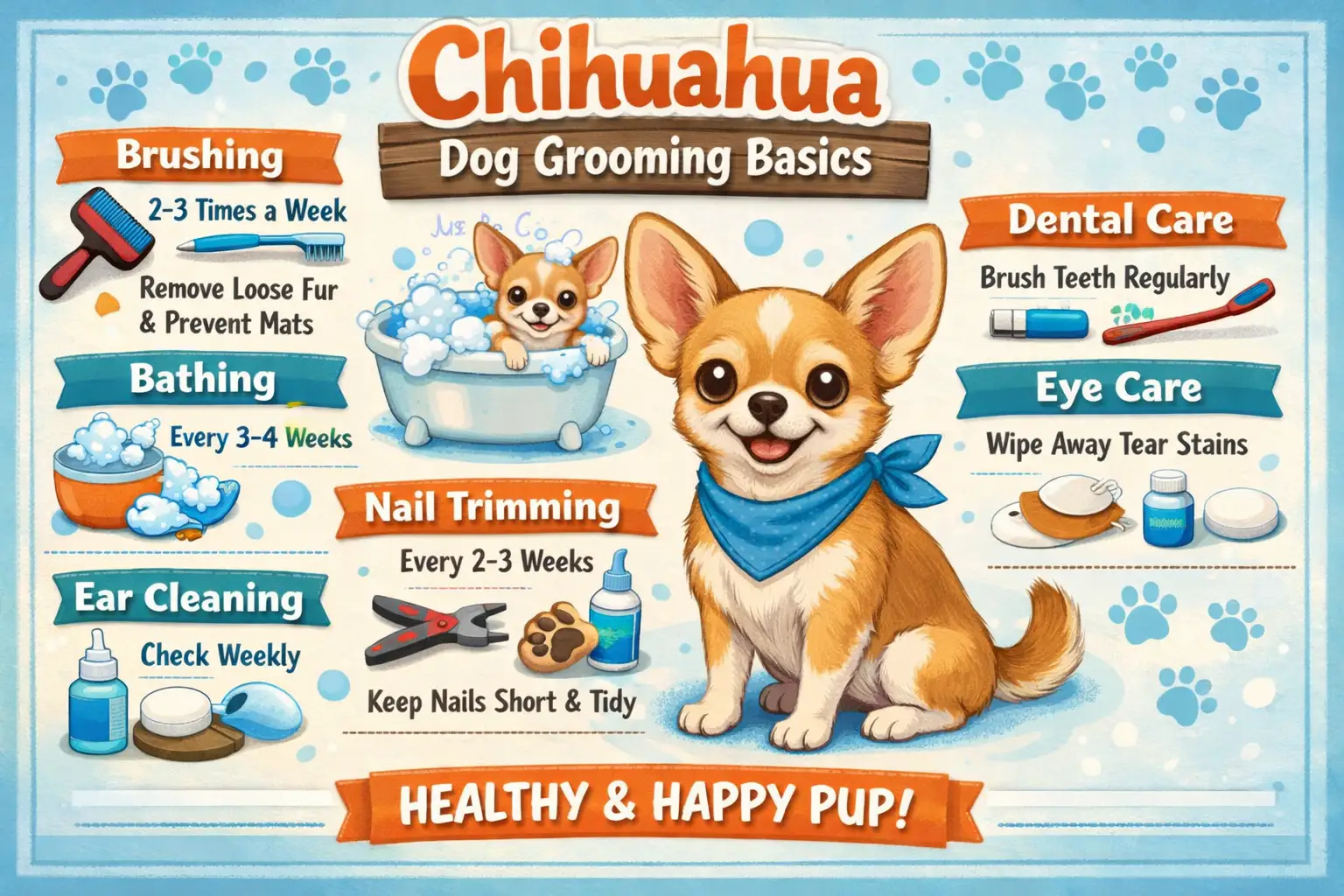 Chihuahua grooming at home showing a small Chihuahua being gently brushed for coat care
