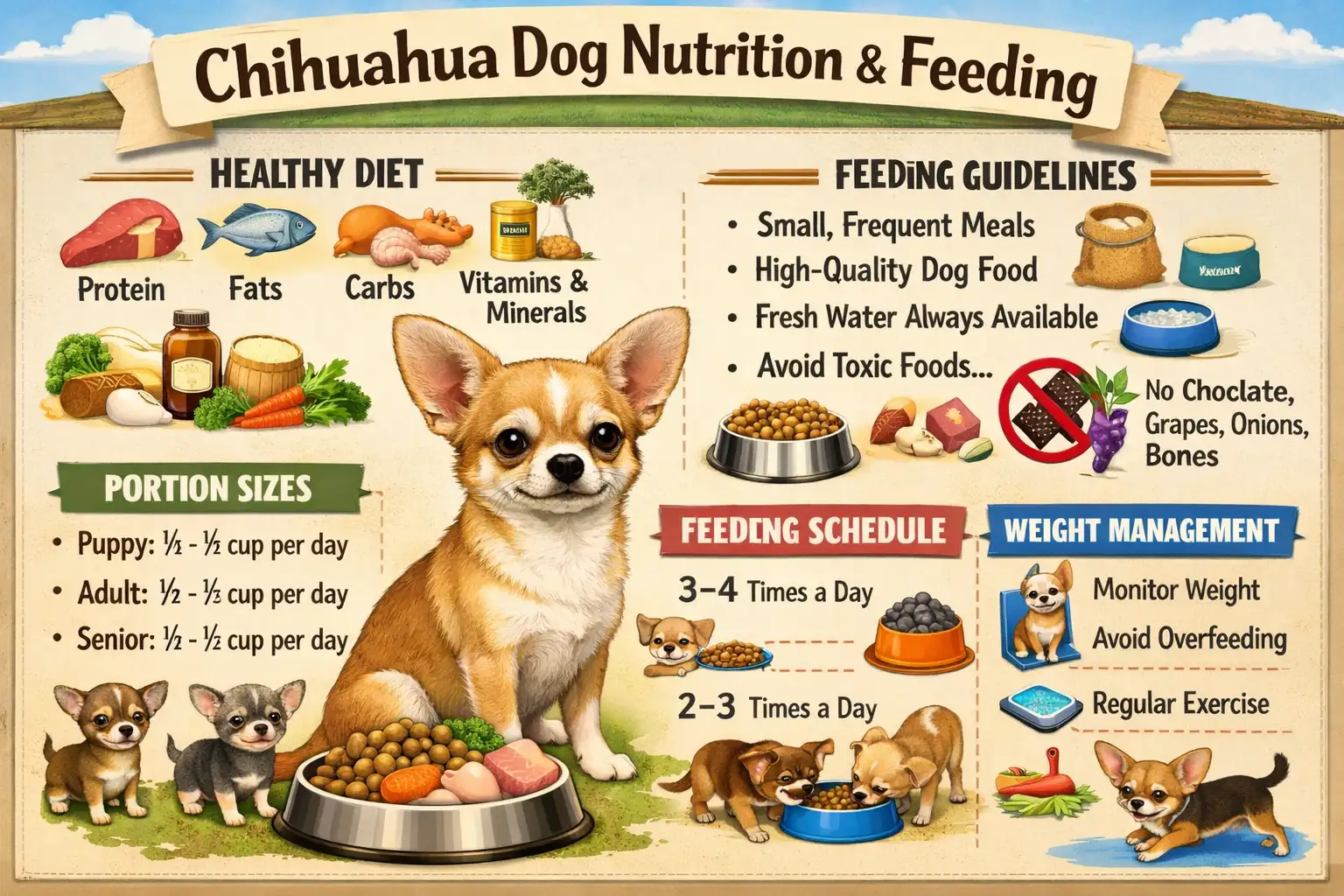 Small Chihuahua eating measured dog food with feeding guidelines and nutrition chart for portion control