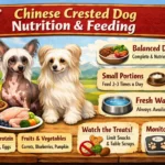 Chinese Crested dog eating healthy small-breed food with feeding chart and nutrition guide context