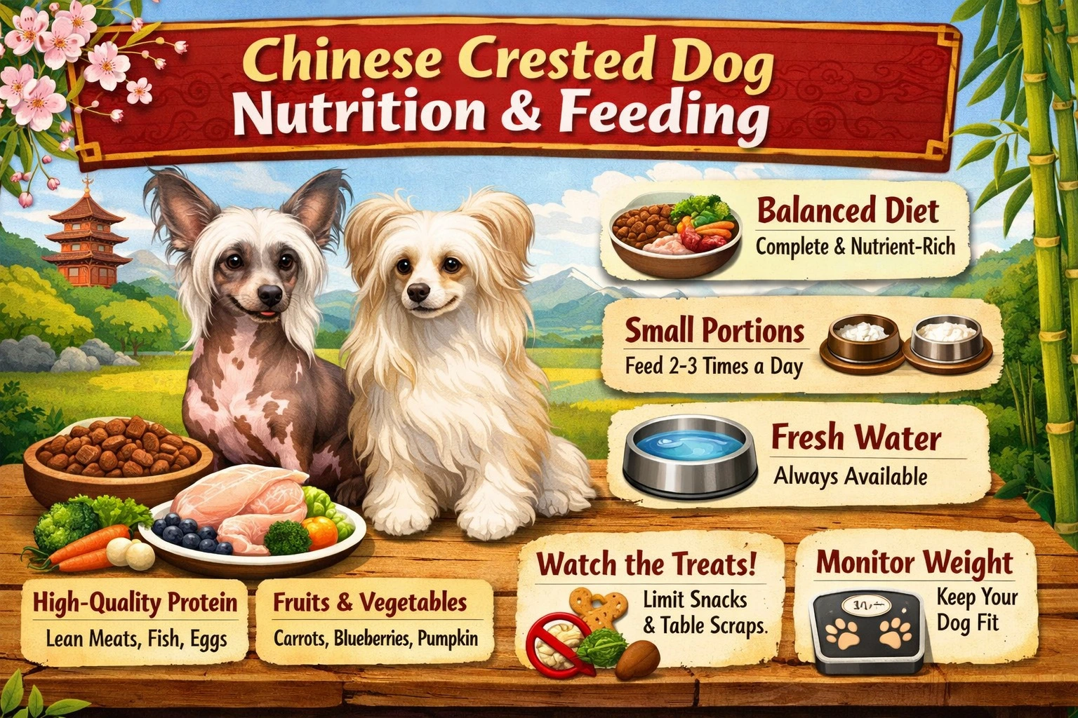 Chinese Crested dog eating healthy small-breed food with feeding chart and nutrition guide context