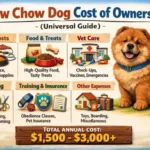 Chow Chow relaxing at home with owner, representing grooming and care expenses