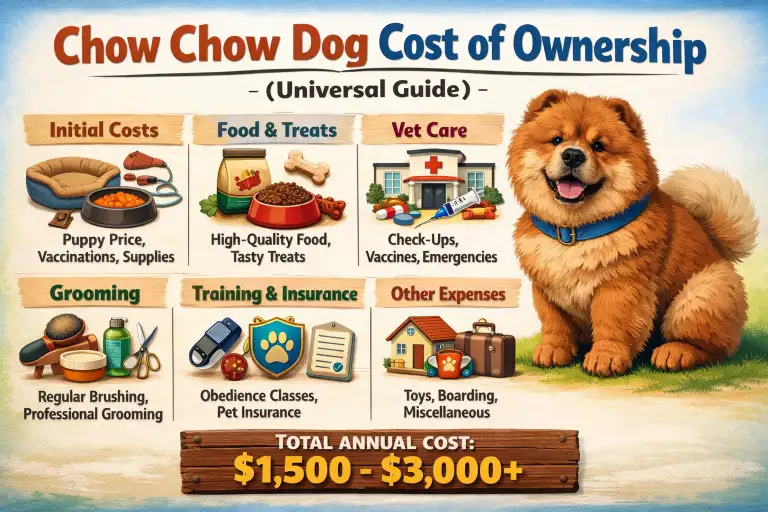 Chow Chow relaxing at home with owner, representing grooming and care expenses