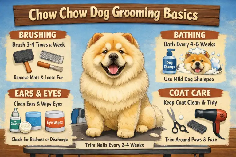 Chow Chow being groomed, showing thick double coat and brushing routine