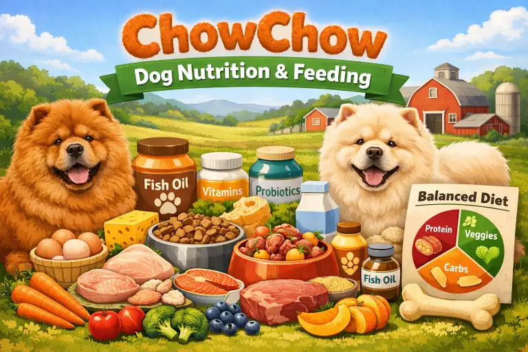 Chow Chow eating from bowl with portion-controlled balanced diet